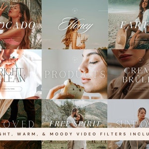 May include: A collage of nine images showcasing different video filter styles. The styles are named "Avocado", "Honey", "Earthy", "Bright & Clean", "Products", "Cr&egrave;me Br&ucirc;l&eacute;e", "Beloved", "Free Spirit", and "Sunflower". The text "BRIGHT, WARM, & MOODY VIDEO FILTERS INCLUDED" is at the bottom of the collage.