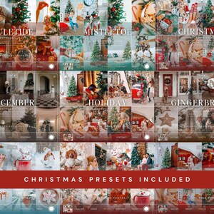 May include: A digital collection of photo editing presets featuring a grid of holiday-themed images. The display includes text labels such as YULETIDE, MISTLETOE, CHRISTMAS, DECEMBER, HOLIDAY, GINGERBREAD, and CHRISTMAS PRESETS INCLUDED in white font.