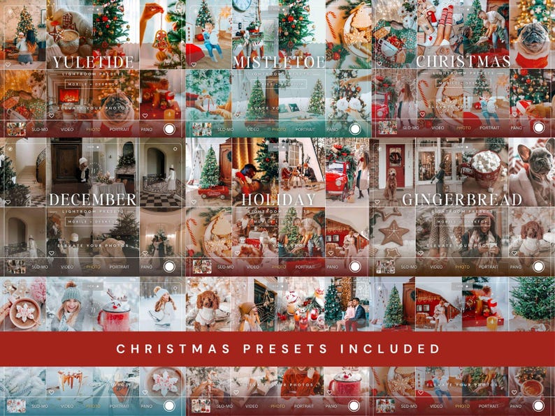 May include: A digital collection of photo editing presets featuring a grid of holiday-themed images. The display includes text labels such as YULETIDE, MISTLETOE, CHRISTMAS, DECEMBER, HOLIDAY, GINGERBREAD, and CHRISTMAS PRESETS INCLUDED in white font.