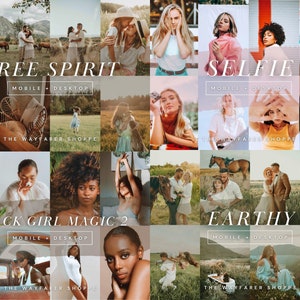 Puede incluir: Un collage de im&aacute;genes con los textos "FREE SPIRIT", "SELFIE", "BLACK GIRL MAGIC 2" y "EARTHY". Cada secci&oacute;n incluye el texto "MOBILE + DESKTOP" y "THE WAYFARER SHOPPE". Las im&aacute;genes presentan personas y escenas al aire libre.