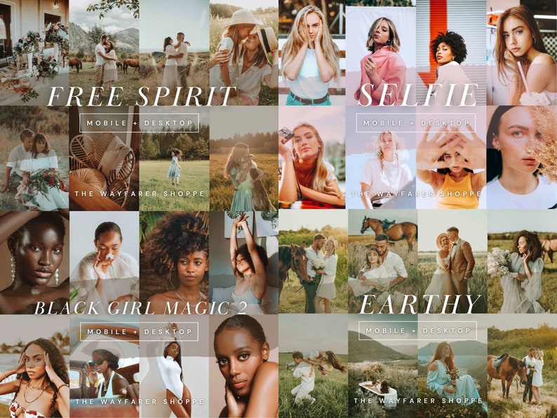 Puede incluir: Un collage de im&aacute;genes con los textos "FREE SPIRIT", "SELFIE", "BLACK GIRL MAGIC 2" y "EARTHY". Cada secci&oacute;n incluye el texto "MOBILE + DESKTOP" y "THE WAYFARER SHOPPE". Las im&aacute;genes presentan personas y escenas al aire libre.