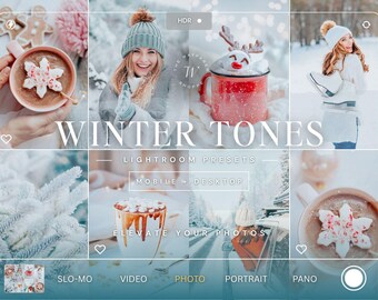 May include: A digital collage of winter-themed photography featuring hot cocoa mugs with snowflake marshmallows, a person in a knit beanie, and snowy landscapes. The text reads WINTER TONES, LIGHTROOM PRESETS, MOBILE + DESKTOP, and ELEVATE YOUR PHOTOS.