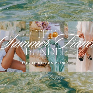 May include: A promotional image for "The Summer Travel Bundle" featuring three lifestyle scenes. The text includes "450+ Lightroom Presets" and "mobile & desktop." The scenes show a person reading, a picnic, and a person holding shoes.