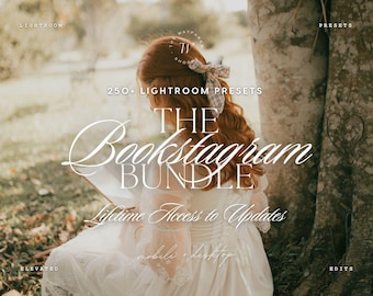 May include: A digital product advertisement for 250+ Lightroom Presets titled The Bookstagram Bundle. The text includes Lifetime Access to Updates and mobile + desktop. The image features a person with long auburn hair wearing a plaid hair bow.