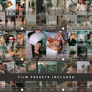 May include: A digital collection of Lightroom presets featuring various photographic styles labeled 35mm film, analog, vintage, flash film, instant film, and disposable. The display includes multiple thumbnail images and camera interface overlays.