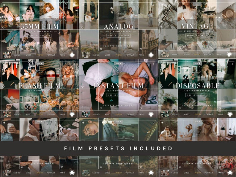 May include: A digital collection of Lightroom presets featuring various photographic styles labeled 35mm film, analog, vintage, flash film, instant film, and disposable. The display includes multiple thumbnail images and camera interface overlays.