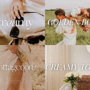 Peut inclure: Un collage de quatre images pr&eacute;sentant diff&eacute;rents pr&eacute;r&eacute;glages de filtres vid&eacute;o. L'image en haut &agrave; gauche montre un gros plan d'une main portant une bague et tenant des lunettes de soleil, avec le texte "creamy" en dessous. L'image en haut &agrave; droite montre un couple dans un champ, avec le texte "golden boho" en dessous. L'image en bas &agrave; gauche montre une personne portant une robe blanche et tenant des fleurs, avec le texte "cottagecore" en dessous. L'image en bas &agrave; droite montre un vase de fleurs blanches sur une table, avec le texte "creamy tones" en dessous.