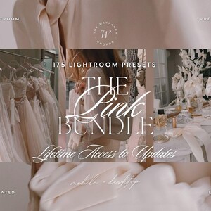 Op de afbeelding: Een digitale productadvertentie voor 175 Lightroom-presets genaamd The Pink Bundle. De afbeelding bevat drie panelen met trouwjurken op hangers, een persoon in lichte kleding en een kaptafel met parfum en strikken.