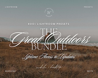 May include: A digital product graphic featuring the text 400+ LIGHTROOM PRESETS THE Great Outdoors BUNDLE Lifetime Access to Updates mobile + desktop. The background shows a coastal landscape with tall brown grass and a large rock formation.