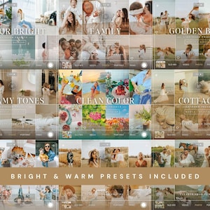 May include: A digital collage of various lifestyle photographs organized into categories labeled INDOOR BRIGHT, FAMILY, GOLDEN BOHO, CREAMY TONES, CLEAN COLOR, and COTTAGE, with the text BRIGHT & WARM PRESETS INCLUDED displayed at the bottom.