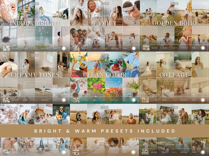 May include: A digital collage of various lifestyle photographs organized into categories labeled INDOOR BRIGHT, FAMILY, GOLDEN BOHO, CREAMY TONES, CLEAN COLOR, and COTTAGE, with the text BRIGHT & WARM PRESETS INCLUDED displayed at the bottom.