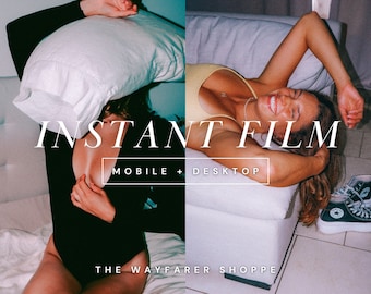 May include: An image split in two, featuring a person in a black bodysuit and another in a yellow top. The text "INSTANT FILM" is displayed prominently, with "MOBILE + DESKTOP" below. A pair of black Converse sneakers is visible.