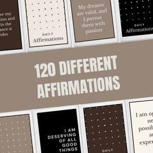 May include: A set of 120 printable affirmation cards with a brown and white polka dot background. The cards feature positive affirmations such as "My dreams are valid, and I pursue them with passion" and "I am deserving of all good things".