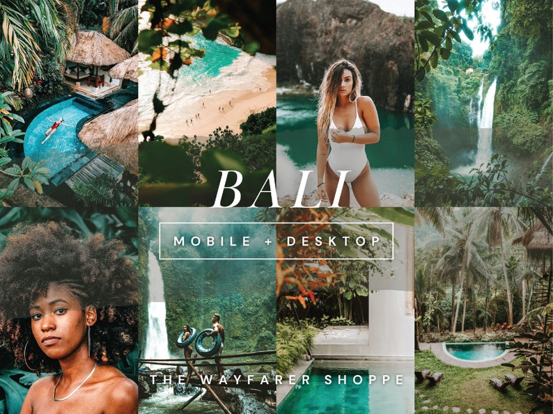 Op de afbeelding: Een collage van afbeeldingen met Bali-landschappen en mensen. Het woord "BALI" staat in grote witte tekst. De tekst "MOBILE + DESKTOP" staat in een witte rechthoek. De tekst "THE WAYFARER SHOPPE" staat onderaan.