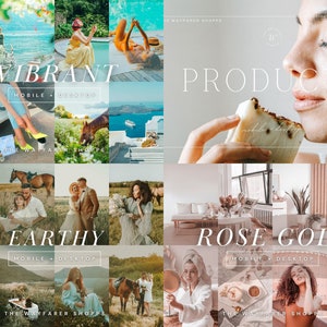 May include: A collage of images with the text "VIBRANT", "EARTHY", and "ROSE GOLD". The images showcase lifestyle photography, including travel scenes, portraits, and product shots. The text "MOBILE + DESKTOP" is also present.