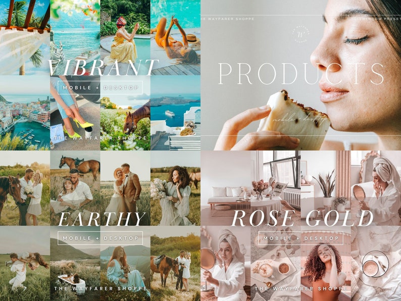 May include: A collage of images with the text "VIBRANT", "EARTHY", and "ROSE GOLD". The images showcase lifestyle photography, including travel scenes, portraits, and product shots. The text "MOBILE + DESKTOP" is also present.