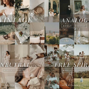 May include: A collage of lifestyle images with the words "VINTAGE", "ANALOG", "NEUTRAL", and "FREE SPIRIT". Each section includes "MOBILE + DESKTOP" and "THE WAYFARER SHOPPE". The images feature various scenes and products.