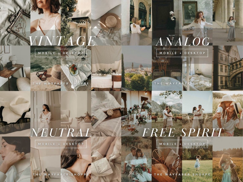 May include: A collage of lifestyle images with the words "VINTAGE", "ANALOG", "NEUTRAL", and "FREE SPIRIT". Each section includes "MOBILE + DESKTOP" and "THE WAYFARER SHOPPE". The images feature various scenes and products.