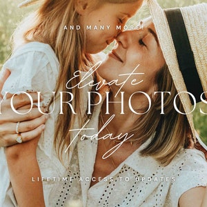 Puede incluir: Imagen soleada de una madre y un ni&ntilde;o abraz&aacute;ndose, con el texto "Elevate YOUR PHOTOS today." La madre lleva un sombrero de paja. La imagen evoca amor y conexi&oacute;n, con una est&eacute;tica suave y natural.