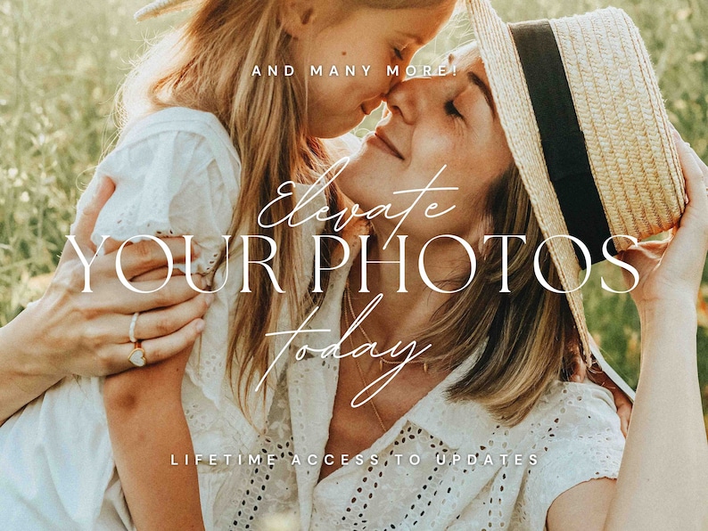 Puede incluir: Imagen soleada de una madre y un ni&ntilde;o abraz&aacute;ndose, con el texto "Elevate YOUR PHOTOS today." La madre lleva un sombrero de paja. La imagen evoca amor y conexi&oacute;n, con una est&eacute;tica suave y natural.