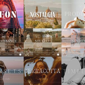 Puede incluir: Un collage digital de nueve colecciones de ajustes preestablecidos de fotograf&iacute;a, cada una etiquetada con t&iacute;tulos que incluyen Neon, Nostalgia, Products, Renaissance, Soulful, Sundown, Sunsets, Terracotta y Timeless, con diversas escenas fotogr&aacute;ficas.