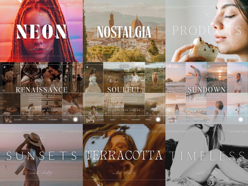 Puede incluir: Un collage digital de nueve colecciones de ajustes preestablecidos de fotograf&iacute;a, cada una etiquetada con t&iacute;tulos que incluyen Neon, Nostalgia, Products, Renaissance, Soulful, Sundown, Sunsets, Terracotta y Timeless, con diversas escenas fotogr&aacute;ficas.