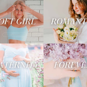 Puede incluir: Un collage de cuatro im&aacute;genes con superposiciones de texto. La primera imagen muestra a una mujer con un top corto azul claro y el texto "SOFT GIRL". La segunda imagen muestra a una mujer sosteniendo un ramo de flores blancas y el texto "ROMANTIC". La tercera imagen muestra a una mujer con un vestido de maternidad azul claro y el texto "MATERNITY". La cuarta imagen muestra un ramo de flores moradas y el texto "FOREVER".