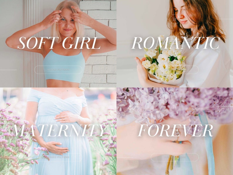 Puede incluir: Un collage de cuatro im&aacute;genes con superposiciones de texto. La primera imagen muestra a una mujer con un top corto azul claro y el texto "SOFT GIRL". La segunda imagen muestra a una mujer sosteniendo un ramo de flores blancas y el texto "ROMANTIC". La tercera imagen muestra a una mujer con un vestido de maternidad azul claro y el texto "MATERNITY". La cuarta imagen muestra un ramo de flores moradas y el texto "FOREVER".