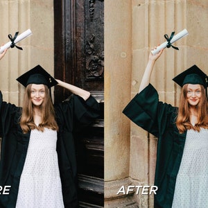 May include: A young person in a graduation gown and cap, holding a diploma. The image is split, with "BEFORE" and "AFTER" text, showing a color correction. The person is smiling, wearing a white dress with black dots, and standing in front of a stone building.
