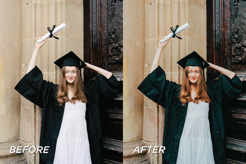 May include: A young person in a graduation gown and cap, holding a diploma. The image is split, with "BEFORE" and "AFTER" text, showing a color correction. The person is smiling, wearing a white dress with black dots, and standing in front of a stone building.