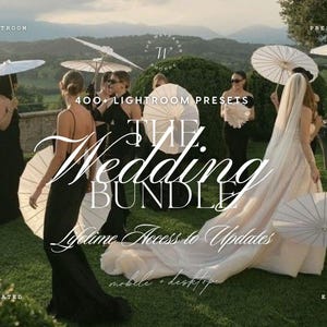 May include: A group of people in formal attire, including a person in a long white wedding gown with a veil, standing on a lawn holding white paper parasols. Text overlays read: LIGHTROOM PRESETS, 400+ LIGHTROOM PRESETS, THE Wedding BUNDLE, Lifetime Access to Updates, mobile + desktop, ELEVATED EDITS.