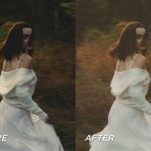 May include: A side-by-side comparison of a photo before and after editing. The image features a person in a white dress, running through a blurred outdoor setting. The text "BEFORE" and "AFTER" are visible.