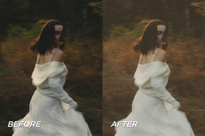 May include: A side-by-side comparison of a photo before and after editing. The image features a person in a white dress, running through a blurred outdoor setting. The text "BEFORE" and "AFTER" are visible.