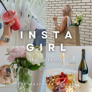 May include: A collage of images featuring a woman holding a shopping bag, a person holding a smoothie, a bouquet of flowers in a vase, and a charcuterie board with wine and cheese. The text "Insta Girl Mobile + Desktop" is superimposed on the image.