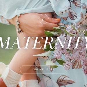 May include: A woman in a light blue floral dress holds a bouquet of purple and white flowers. The text "MATERNITY" is displayed in white letters on a white background. The text "VIDEO FILTERS" is displayed in white letters on a white button.