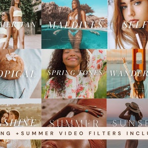 May include: A collage of nine images showcasing different video filters for spring and summer. The filters include "Summer Tan", "Maldives", "Selfie", "Tropical", "Spring Tones", "Wanderlust", "Sunshine", "Summer", and "Sunsets".