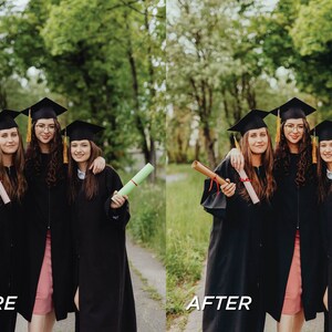 May include: Three graduates in black gowns and mortarboards pose outdoors. Each holds a diploma. The image shows a "before" and "after" comparison, with the "after" version appearing brighter and more vibrant.