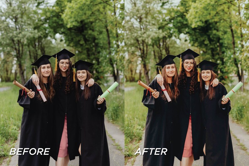 May include: Three graduates in black gowns and mortarboards pose outdoors. Each holds a diploma. The image shows a "before" and "after" comparison, with the "after" version appearing brighter and more vibrant.