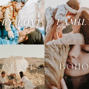 Peut inclure: Un collage de quatre images mettant en sc&egrave;ne diff&eacute;rents th&egrave;mes : "Baby Love" avec une m&egrave;re tenant un b&eacute;b&eacute;, "Family" avec une m&egrave;re tenant un b&eacute;b&eacute;, "Moments" avec un couple en pique-nique et "Boho" avec le visage d'une femme partiellement cach&eacute; par une plume.