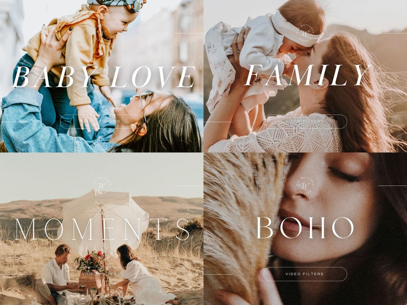 Peut inclure: Un collage de quatre images mettant en sc&egrave;ne diff&eacute;rents th&egrave;mes : "Baby Love" avec une m&egrave;re tenant un b&eacute;b&eacute;, "Family" avec une m&egrave;re tenant un b&eacute;b&eacute;, "Moments" avec un couple en pique-nique et "Boho" avec le visage d'une femme partiellement cach&eacute; par une plume.