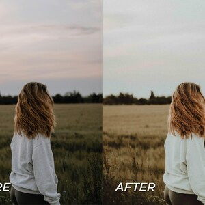 May include: Image comparison showing a person in a field before and after photo editing. The person is wearing a gray sweatshirt and dark pants, with long, light brown hair. The background is a field of tall grass under a cloudy sky.