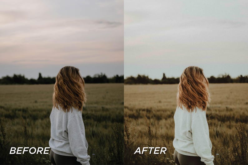 May include: Image comparison showing a person in a field before and after photo editing. The person is wearing a gray sweatshirt and dark pants, with long, light brown hair. The background is a field of tall grass under a cloudy sky.