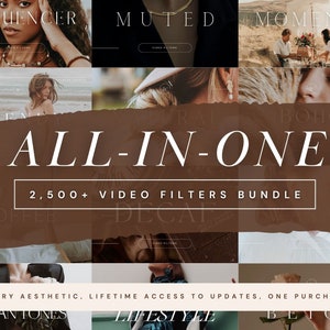 May include: A promotional image featuring a collage of lifestyle photos with text overlays. The central text reads "ALL-IN-ONE" with "2,500+ VIDEO FILTERS BUNDLE" below. Additional text includes "INFLUENCER", "MUTED", "MOMENTS", "TREND", "BOHO", "COFFEE", "DECAF", "CLEAN TONES", "LIFESTYLE", and "BEIGE".