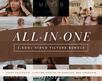 Puede incluir: Imagen promocional con un collage de fotos de estilo de vida y superposiciones de texto. El texto central dice "ALL-IN-ONE" con "2,500+ VIDEO FILTERS BUNDLE" debajo. El texto adicional incluye "INFLUENCER", "MUTED", "MOMENTS", "TREND", "BOHO", "COFFEE", "DECAF", "CLEAN TONES", "LIFESTYLE" y "BEIGE".