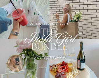 May include: A digital product bundle titled The Insta Girl Bundle featuring 50+ Lightroom presets. The collage displays a red smoothie, white trainers, a person with flowers, a bouquet of peonies, and a charcuterie board with wine.