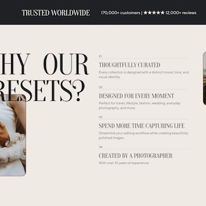 Puede incluir: Una p&aacute;gina web con el texto "WHY OUR PRESETS?" y detalles sobre ajustes preestablecidos de edici&oacute;n de fotos. La p&aacute;gina incluye las frases "TRUSTED WORLDWIDE", "THOUGHTFULLY CURATED", "DESIGNED FOR EVERY MOMENT" y "CREATED BY A PHOTOGRAPHER". Tambi&eacute;n se incluye una foto de una pareja bes&aacute;ndose.