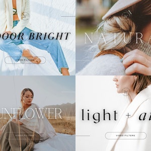Puede incluir: Cuatro preajustes de filtro de video diferentes para editar fotos y videos. Los preajustes se llaman "Indoor Bright", "Natural", "Sunflower" y "Light + Airy". Cada preajuste se muestra con un modelo que lleva ropa diferente y en diferentes entornos.
