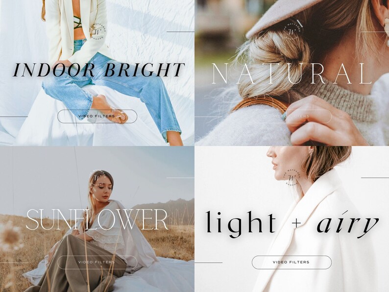 Puede incluir: Cuatro preajustes de filtro de video diferentes para editar fotos y videos. Los preajustes se llaman "Indoor Bright", "Natural", "Sunflower" y "Light + Airy". Cada preajuste se muestra con un modelo que lleva ropa diferente y en diferentes entornos.