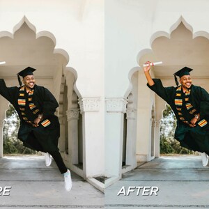 May include: A person in a graduation gown and cap, holding a diploma, jumps in the air. The person is smiling and wearing a black gown with a colorful stole. The background features a white arched walkway with the text "BEFORE" and "AFTER".