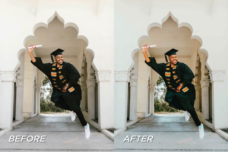 May include: A person in a graduation gown and cap, holding a diploma, jumps in the air. The person is smiling and wearing a black gown with a colorful stole. The background features a white arched walkway with the text "BEFORE" and "AFTER".